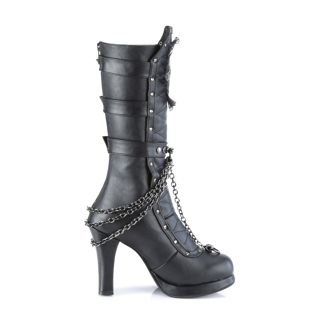 Crypto 67 Black Skull Goth Mid Calf Boots  - Demonia Direct - Totally Wicked Footwear