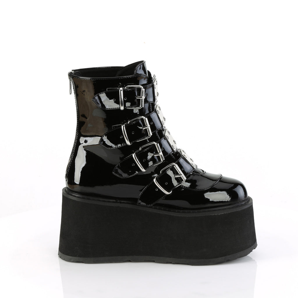 Damned 105 Multi Strap Goth Punk Rock 3.5" Flat Platform Boot Black Patent - Demonia Direct - Totally Wicked Footwear