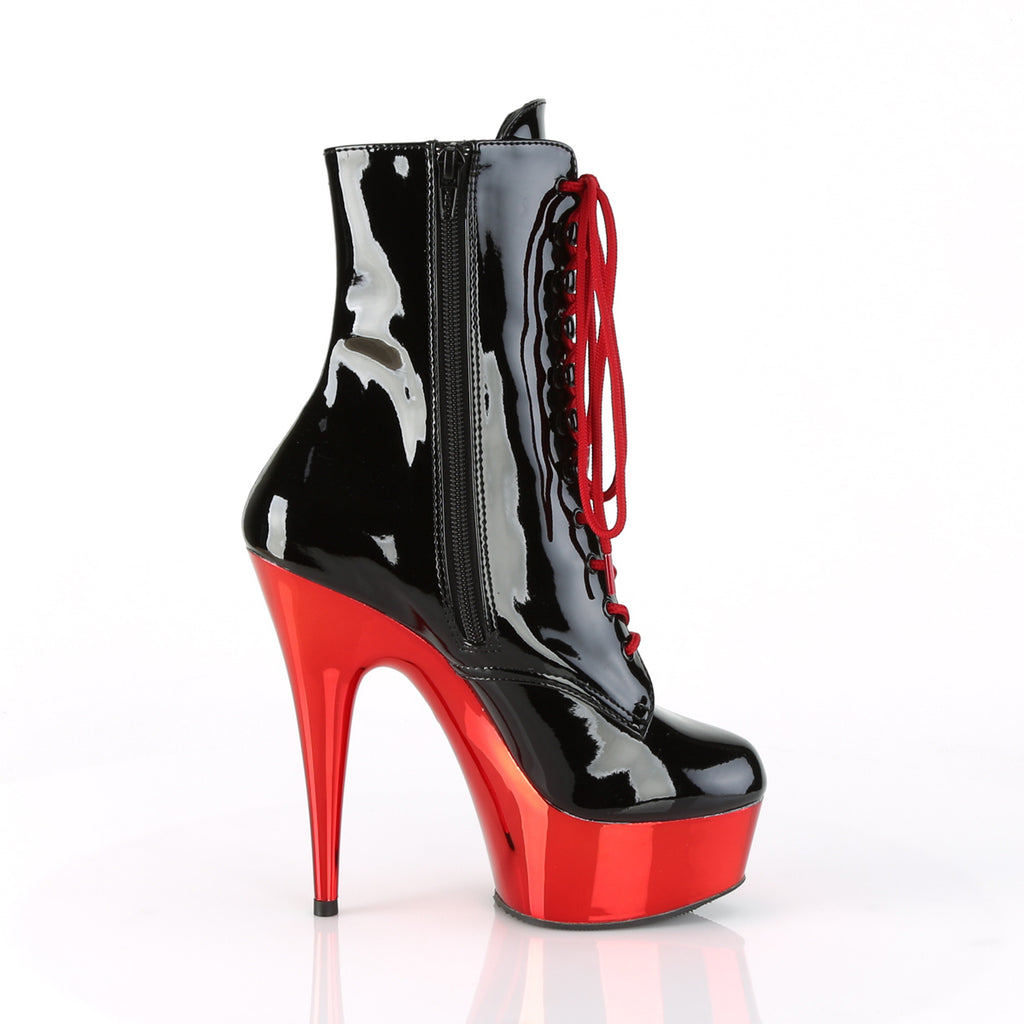 Delight 1020 Black Lace Up 6" High Heels Red Chrome Platform Ankle Boots - Totally Wicked Footwear