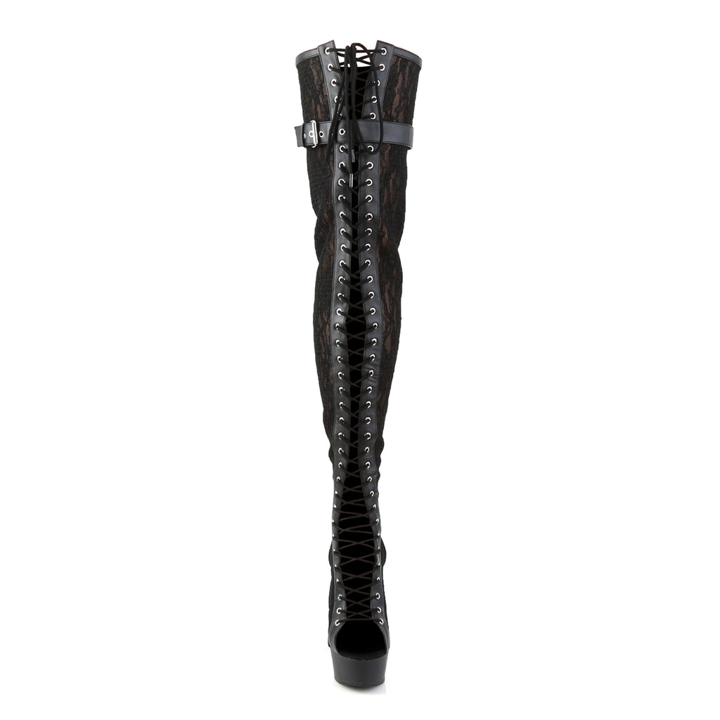 Delight 3025ML Black Matte Lace Inlay Platform Thigh Boots - 6" High Heels -Direct - Totally Wicked Footwear