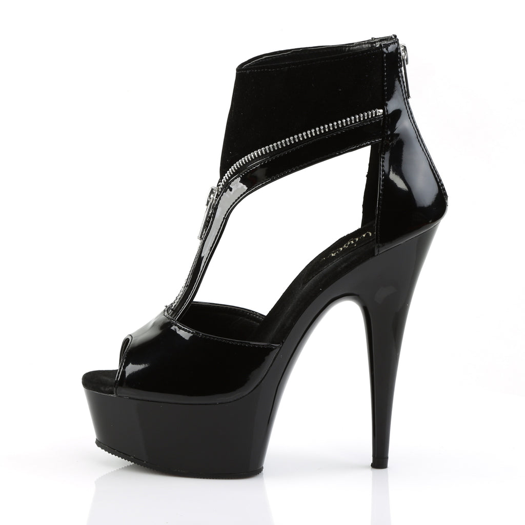 Delight 690 Black Patent T-Strap Zipper Trim - 6" High Heel Platform Shoe - Direct - Totally Wicked Footwear