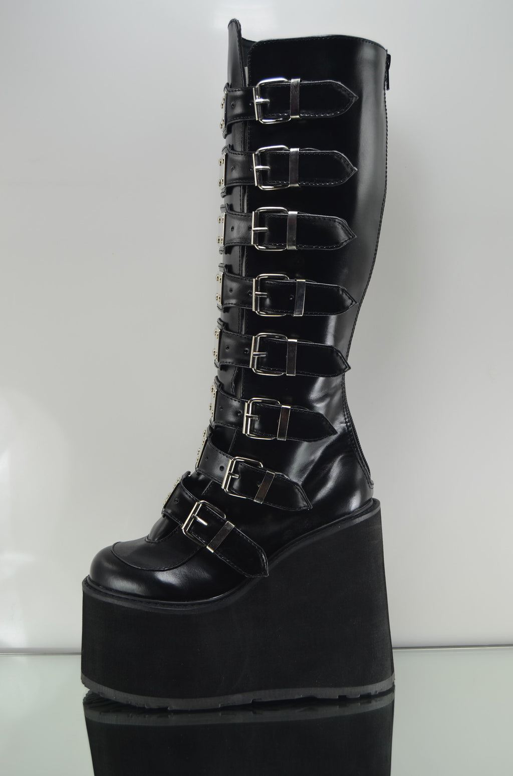 Swing 815 Black Multi Strap Goth Punk Knee Boot 5.5" Platform Vegan - Totally Wicked Footwear