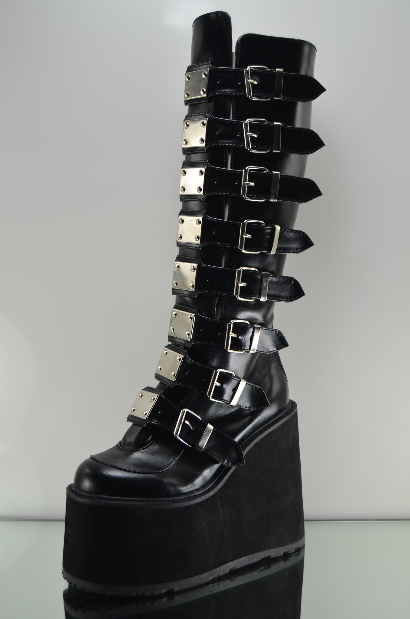 Swing 815 Black Multi Strap Goth Punk Knee Boot 5.5" Platform Vegan - Totally Wicked Footwear