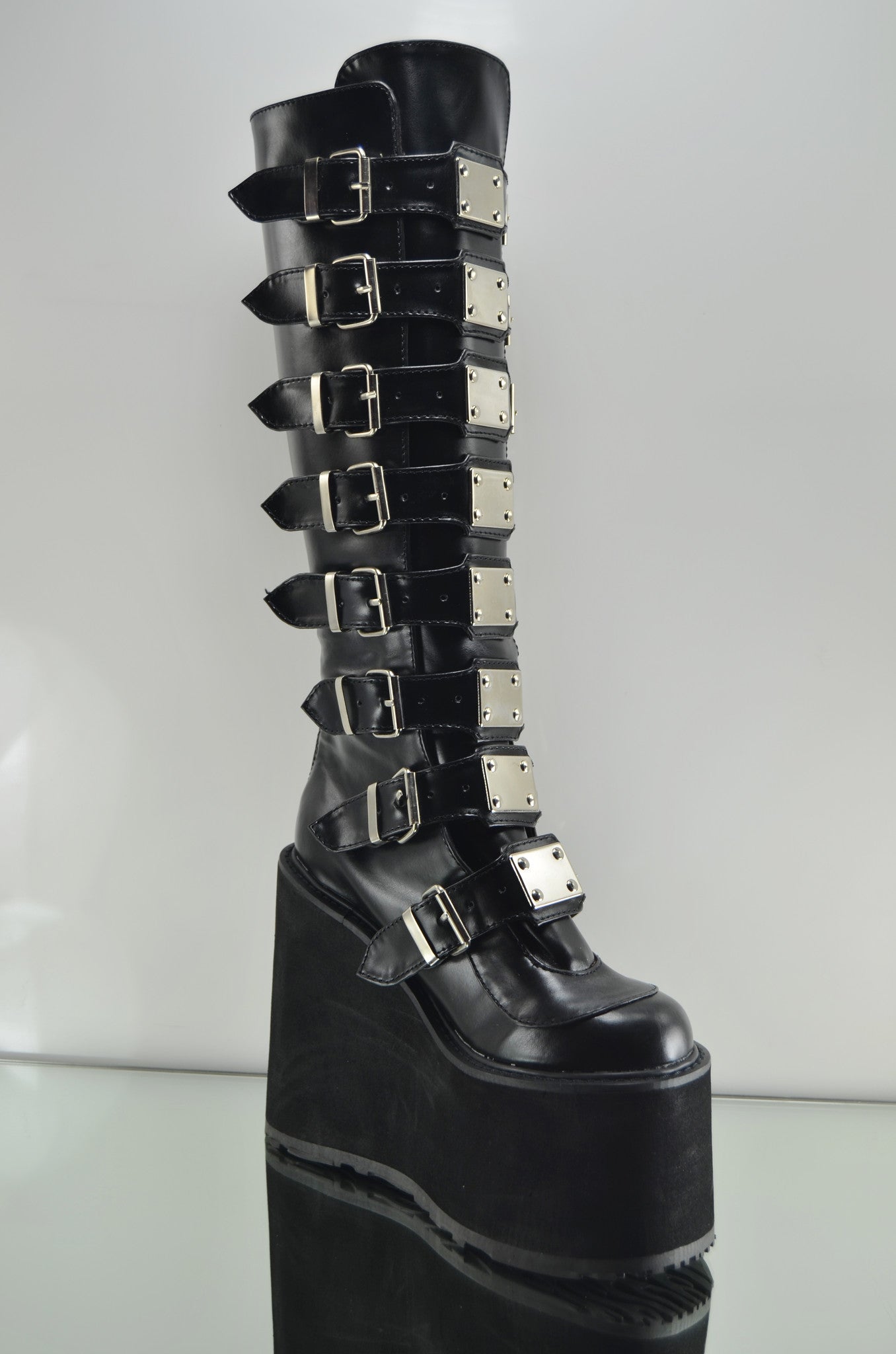 Swing 815 Black Multi Strap Goth Punk Knee Boot 5.5" Platform Vegan - Totally Wicked Footwear