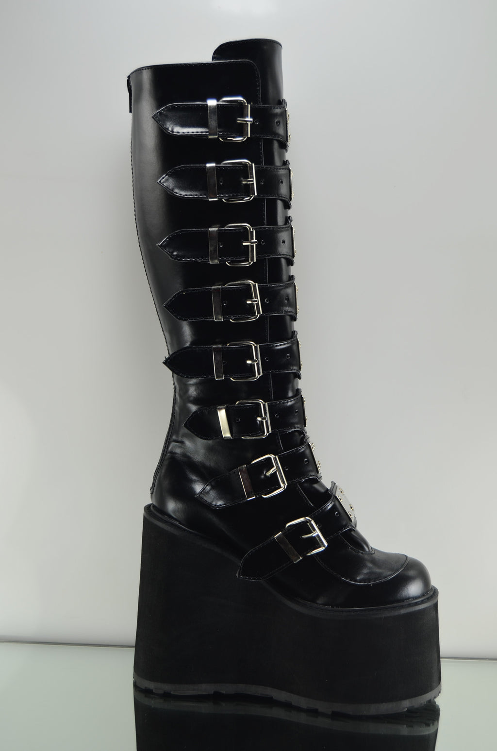 Swing 815 Black Multi Strap Goth Punk Knee Boot 5.5" Platform Vegan - Totally Wicked Footwear