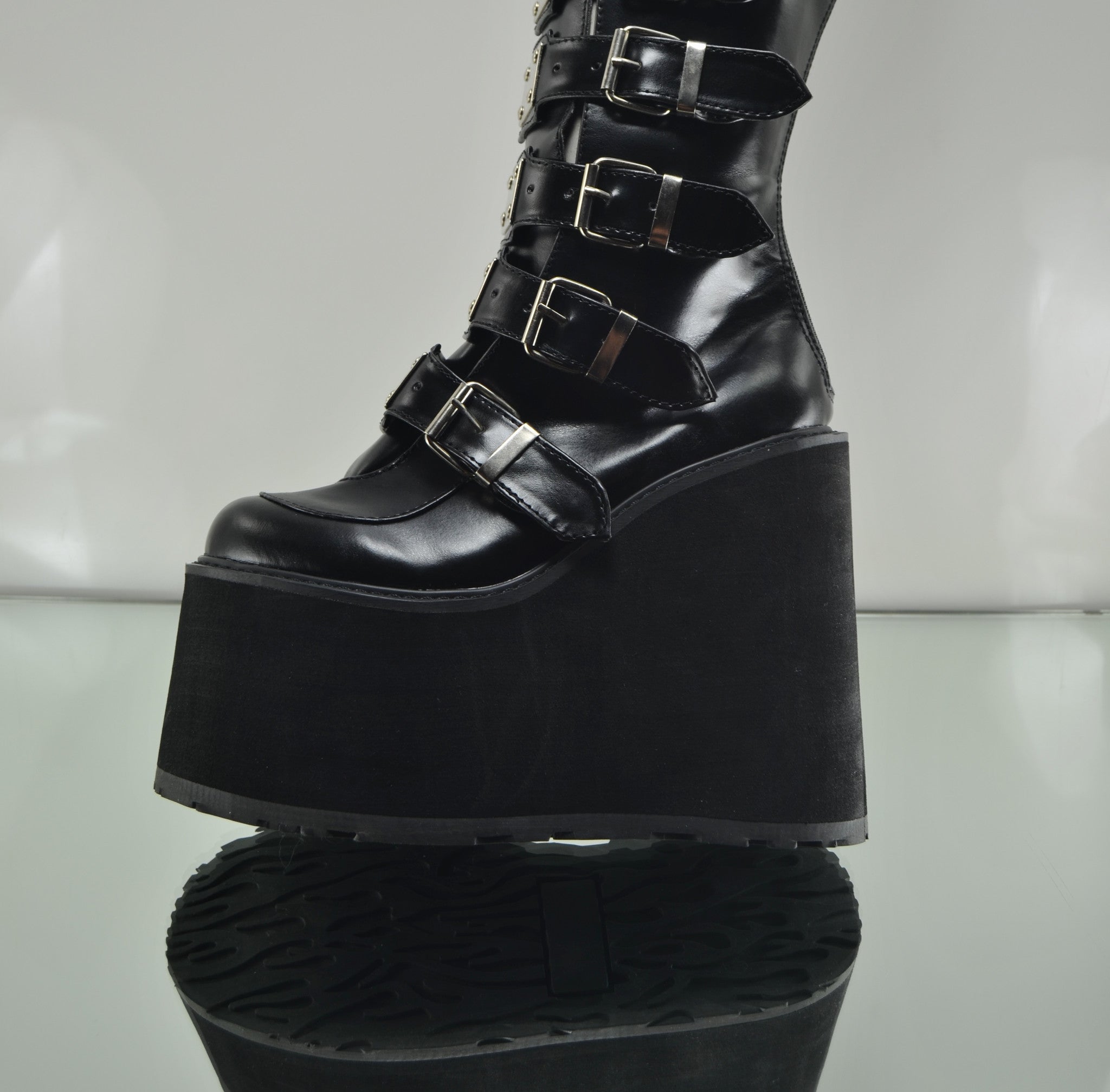 Swing 815 Black Multi Strap Goth Punk Knee Boot 5.5" Platform Vegan - Totally Wicked Footwear