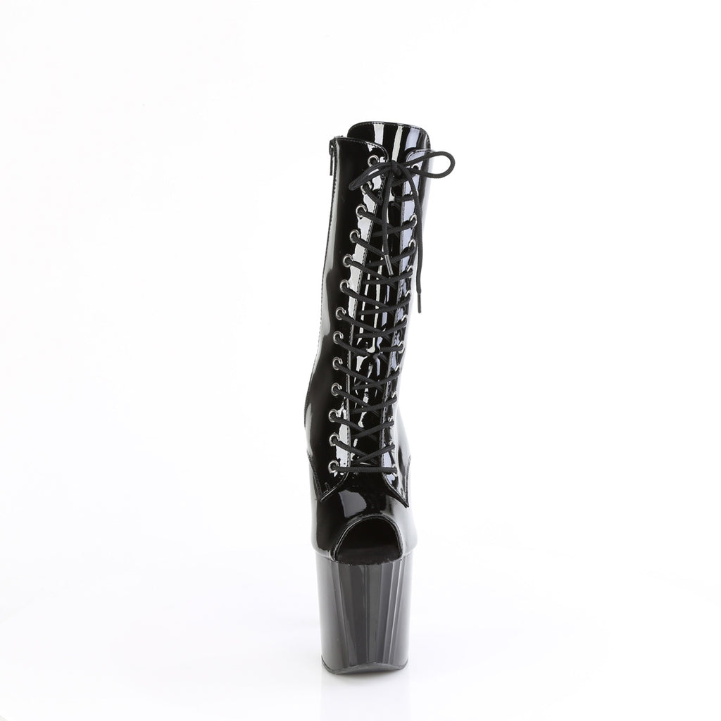 Enchant 1041 Black Patent Prism Cut Platform Open Toe Mid Calf Boots 8" Heels - Direct - Totally Wicked Footwear
