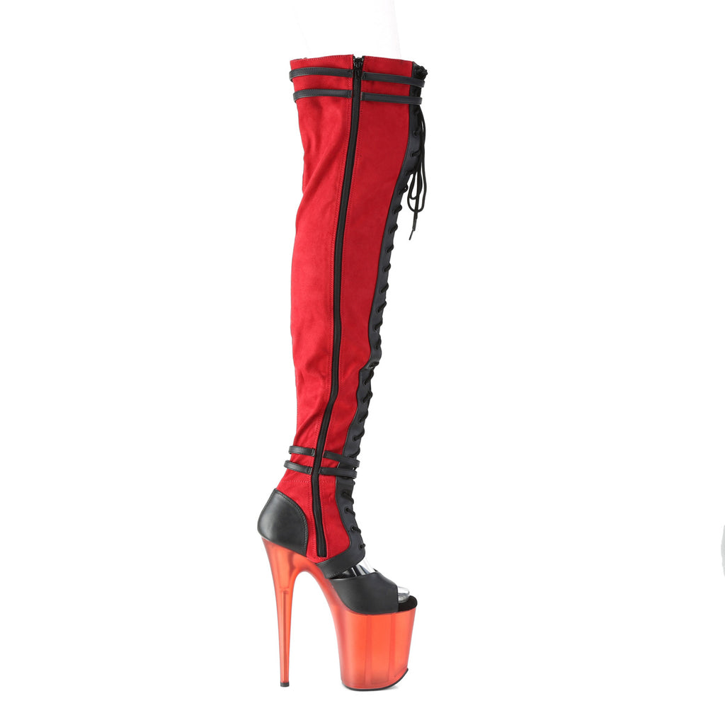 Flamingo 3027 Red Lace Up 8" Heel Open Vamp OTK Thigh Boot - Totally Wicked Footwear