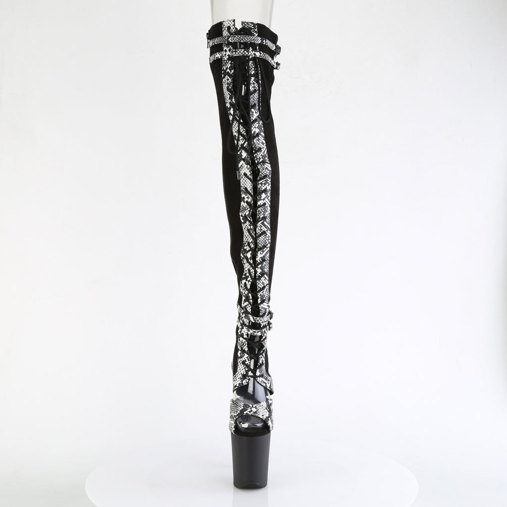 Flamingo 3027 Black Snake Trim Lace Up 8" Heel Open Vamp OTK Thigh Boot-Direct - Totally Wicked Footwear