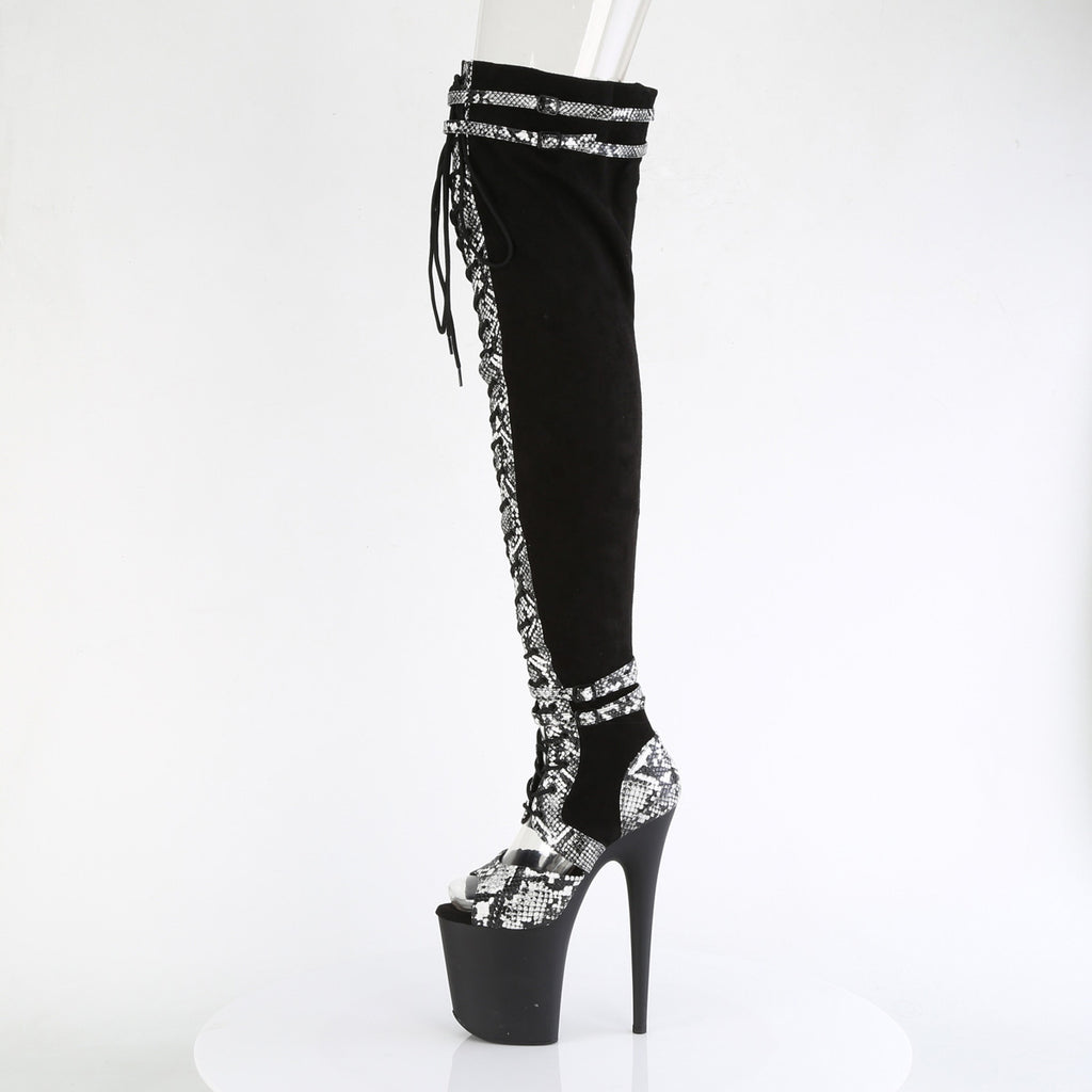 Flamingo 3027 Black Snake Trim Lace Up 8" Heel Open Vamp OTK Thigh Boot-Direct - Totally Wicked Footwear