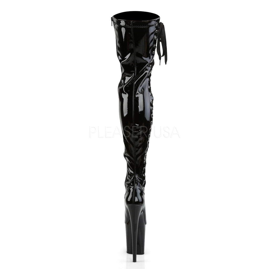 Flamingo 3050 Black Patent 8" Heel Side  Lace Up OTK Thigh Boot - Totally Wicked Footwear