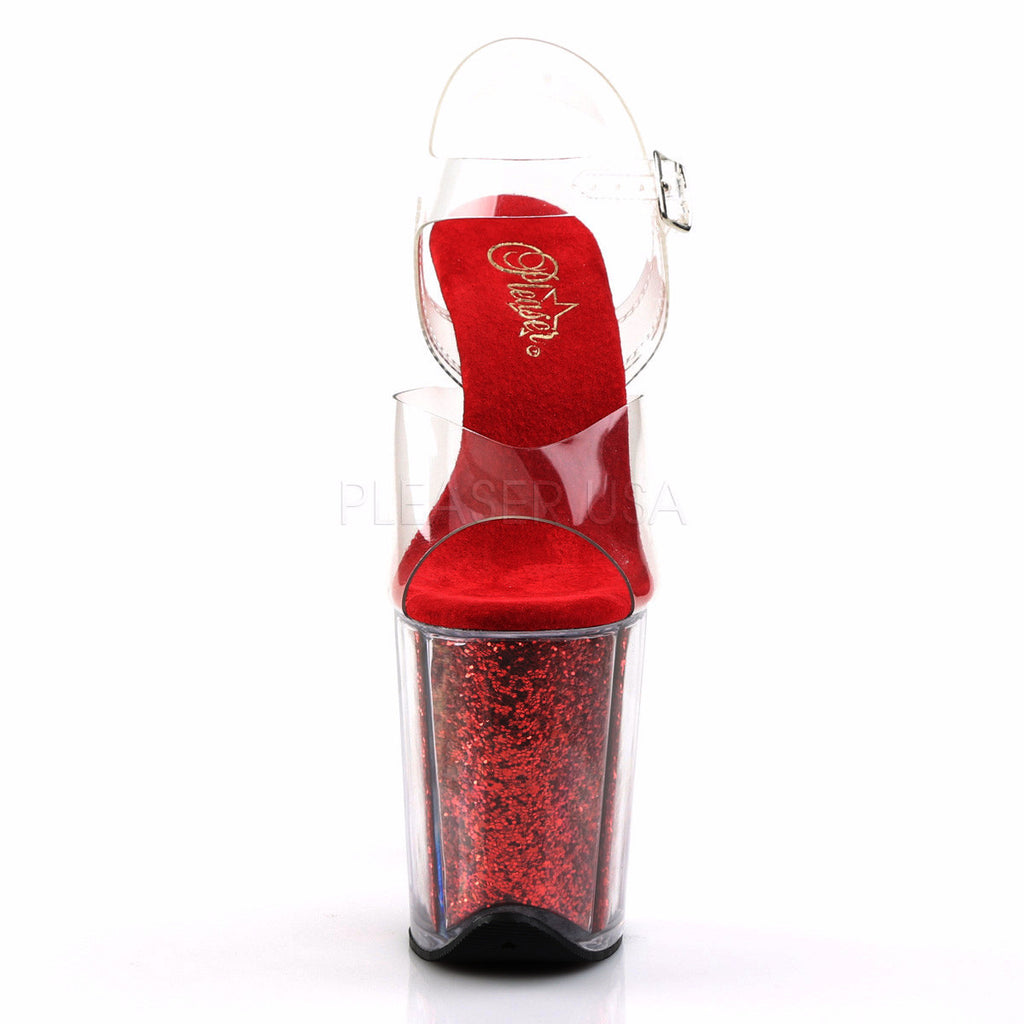 Flamingo 808G Red Glitter Filled 8" Heel Clear Strap Platform Shoe - Totally Wicked Footwear