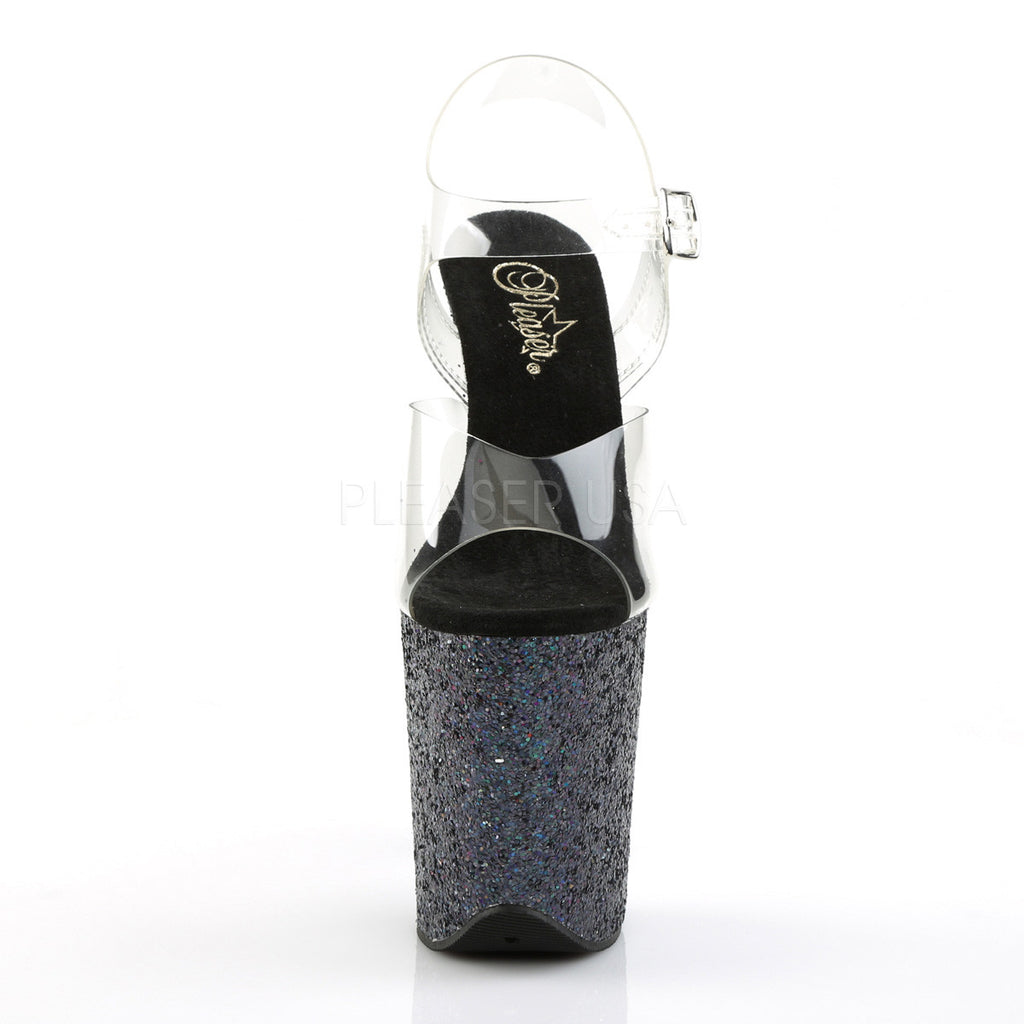 Flamingo 808LG Black Hologram Glitter 8" Heel Clear Strap Platform Shoe - Totally Wicked Footwear