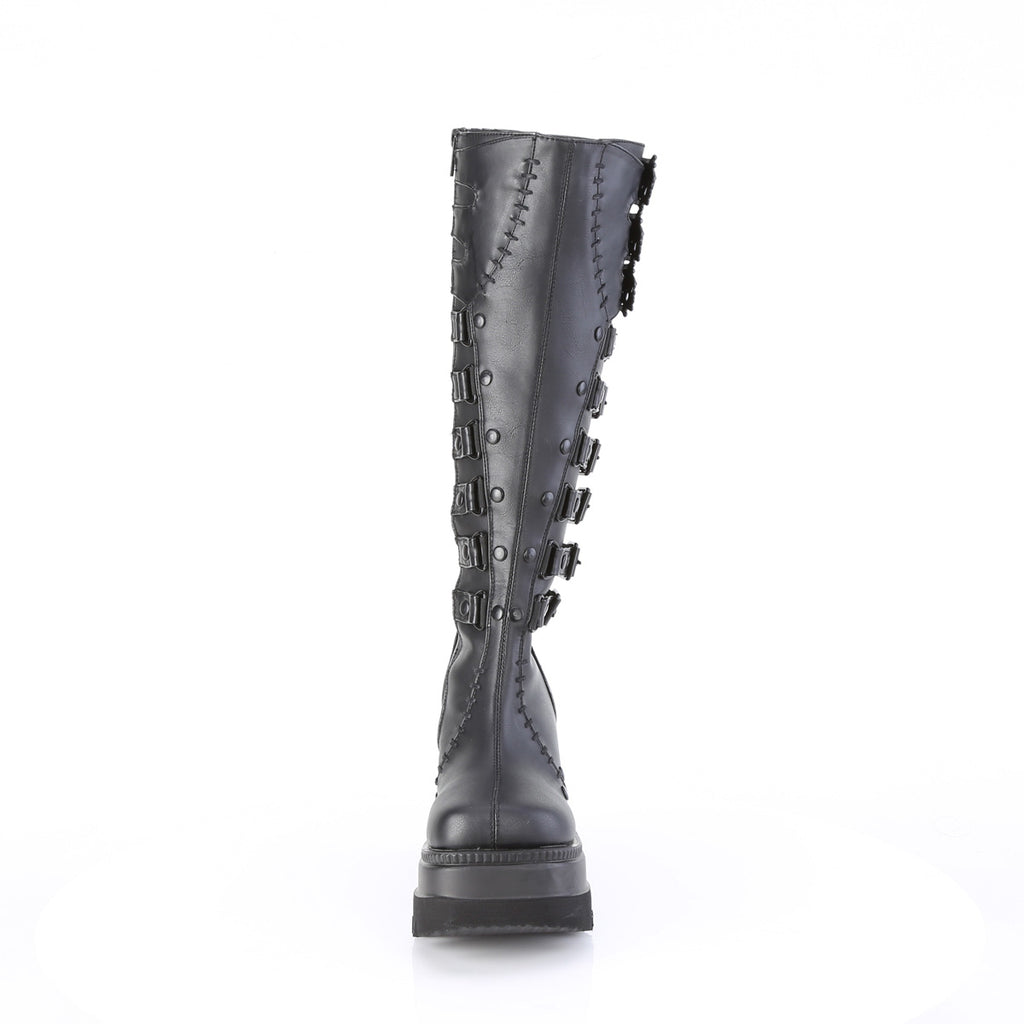 Shaker 323 Black Multiple Strap Skull Buckle Platform Gothic Knee Boots  - Demonia Direct - Totally Wicked Footwear