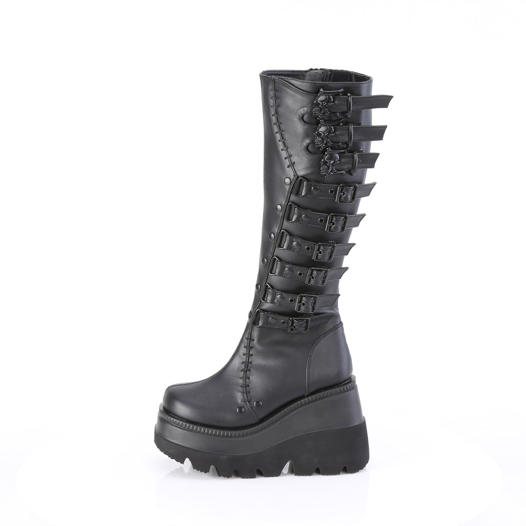 Shaker 323 Black Multiple Strap Skull Buckle Platform Gothic Knee Boots  - Demonia Direct - Totally Wicked Footwear
