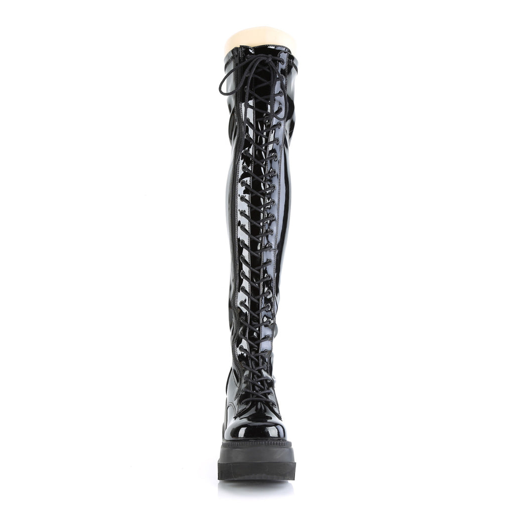 Shaker 374 Goth Black Patent OTK Thigh Boot 4.5" Wedge  6-12  - Demonia Direct - Totally Wicked Footwear