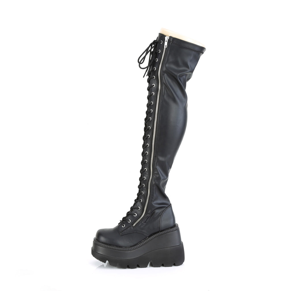 Shaker 374 Goth Black Matte OTK Thigh Boot 4.5" Wedge  6-12  - Demonia Direct - Totally Wicked Footwear