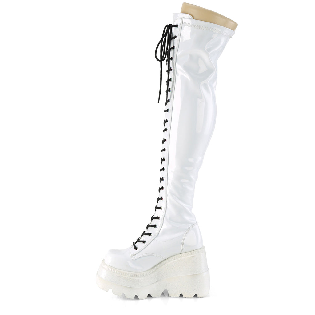 Shaker 374 Goth White Patent OTK Thigh Boot 4.5" Wedge  6-12  - Demonia Direct - Totally Wicked Footwear