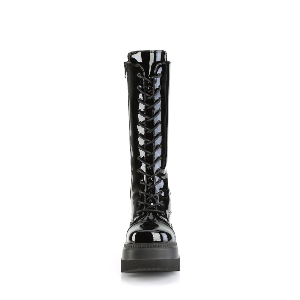 Shaker 72 Lace Up Cyber Goth Platform Black Patent Knee Boots  - Demonia Direct - Totally Wicked Footwear