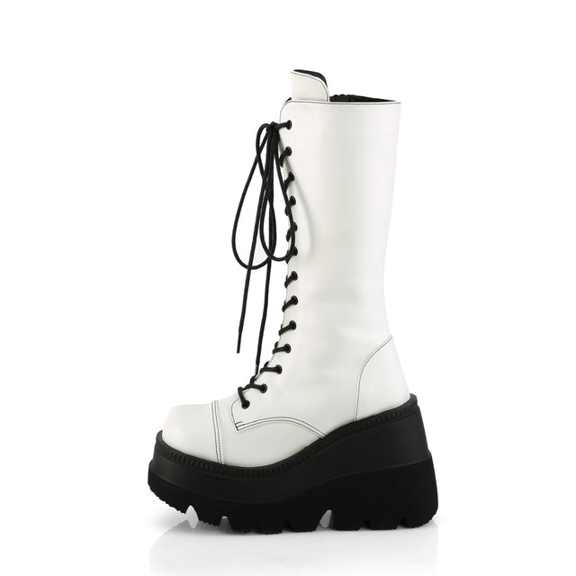 Shaker 72 Lace Up Cyber Goth Platform White Matte Knee Boots  - Demonia Direct - Totally Wicked Footwear