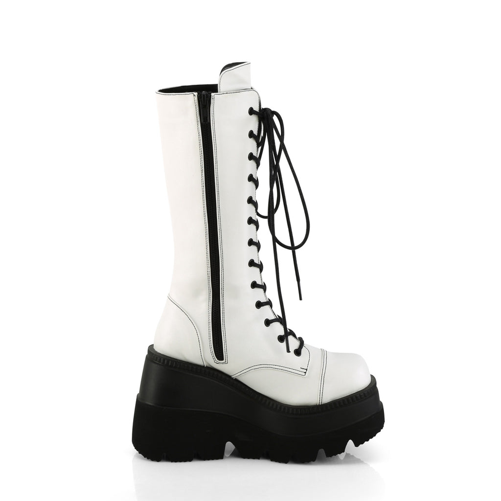 Shaker 72 Lace Up Cyber Goth Platform White Matte Knee Boots  - Demonia Direct - Totally Wicked Footwear