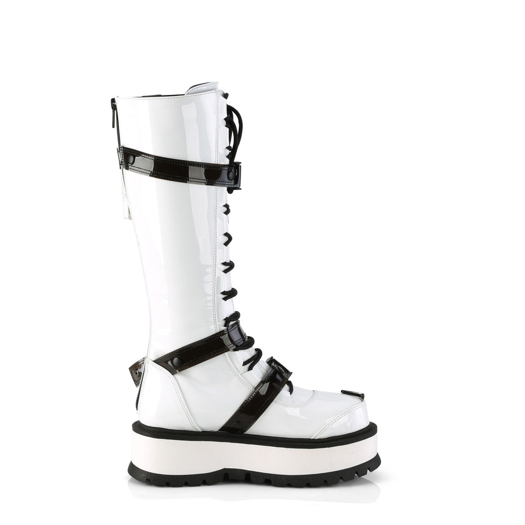Slacker 260 White Patent Platform Combat Gothic Punk Boots  - Demonia Direct - Totally Wicked Footwear