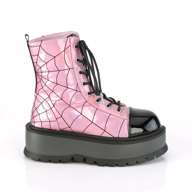 Slacker 88 Spider Web Platform Combat Gothic Punk Ankle Boots Pink Hologram - Totally Wicked Footwear