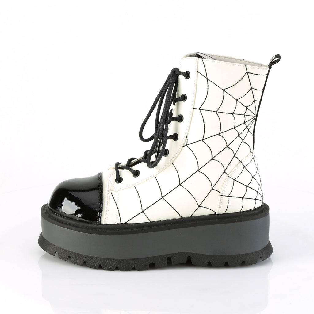 Slacker 88 Spider Web Platform Combat Gothic Punk Ankle Boots White - Totally Wicked Footwear