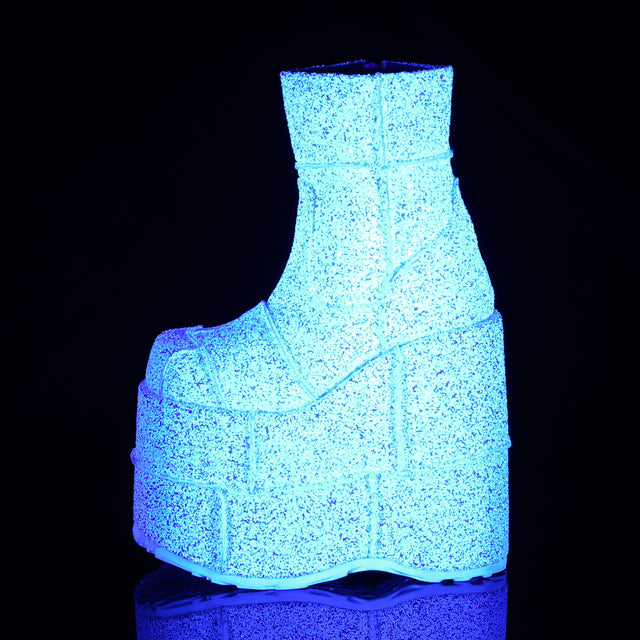 Stack 201G  White UV Glitter 7" Stacked Platform Ankle Boot  - Demonia Direct - Totally Wicked Footwear