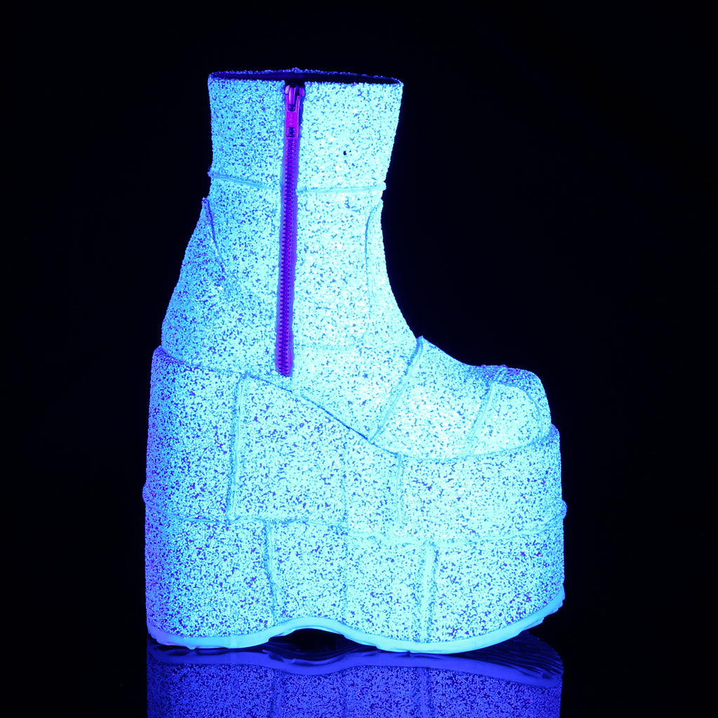 Stack 201G  White UV Glitter 7" Stacked Platform Ankle Boot  - Demonia Direct - Totally Wicked Footwear