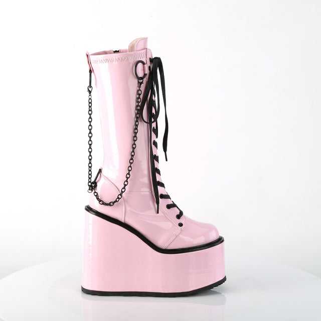 Swing 150 Draped Chain Platform Knee Boots Pink Hologram Patent - Totally Wicked Footwear