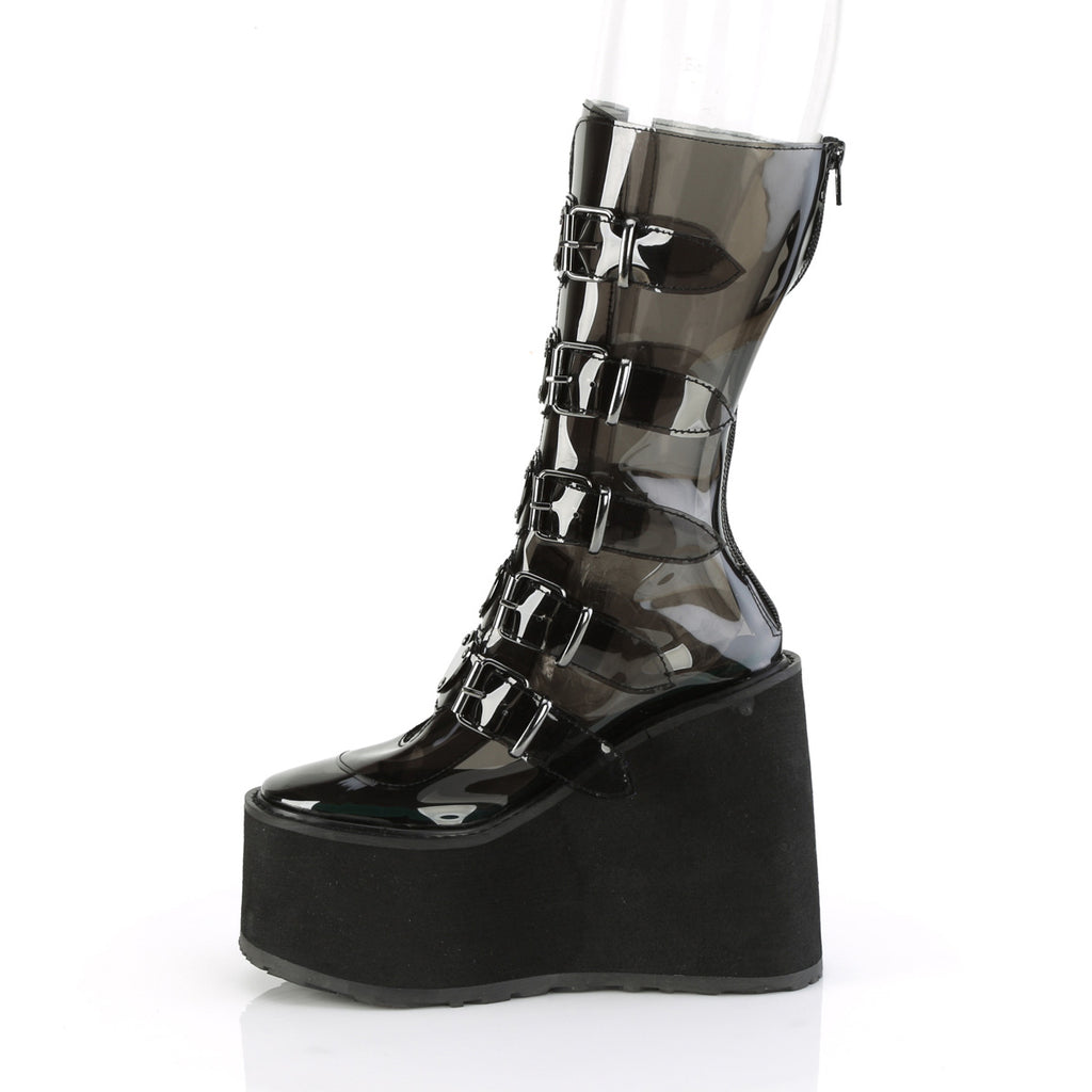 Swing 230C Clear Smoke Heart Plate Mid Calf Boots - Demonia  DIRECT - Totally Wicked Footwear