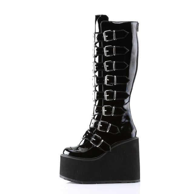 Swing 815 Black Multi Strap Goth Punk Knee Boot 5.5" Platform Vegan  - Demonia Direct - Totally Wicked Footwear