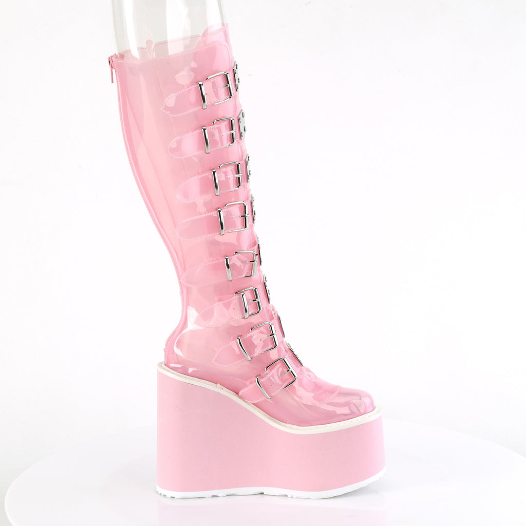 Swing 815 C Clear Baby Pink Metal Plate Knee Boots - Demonia  DIRECT - Totally Wicked Footwear