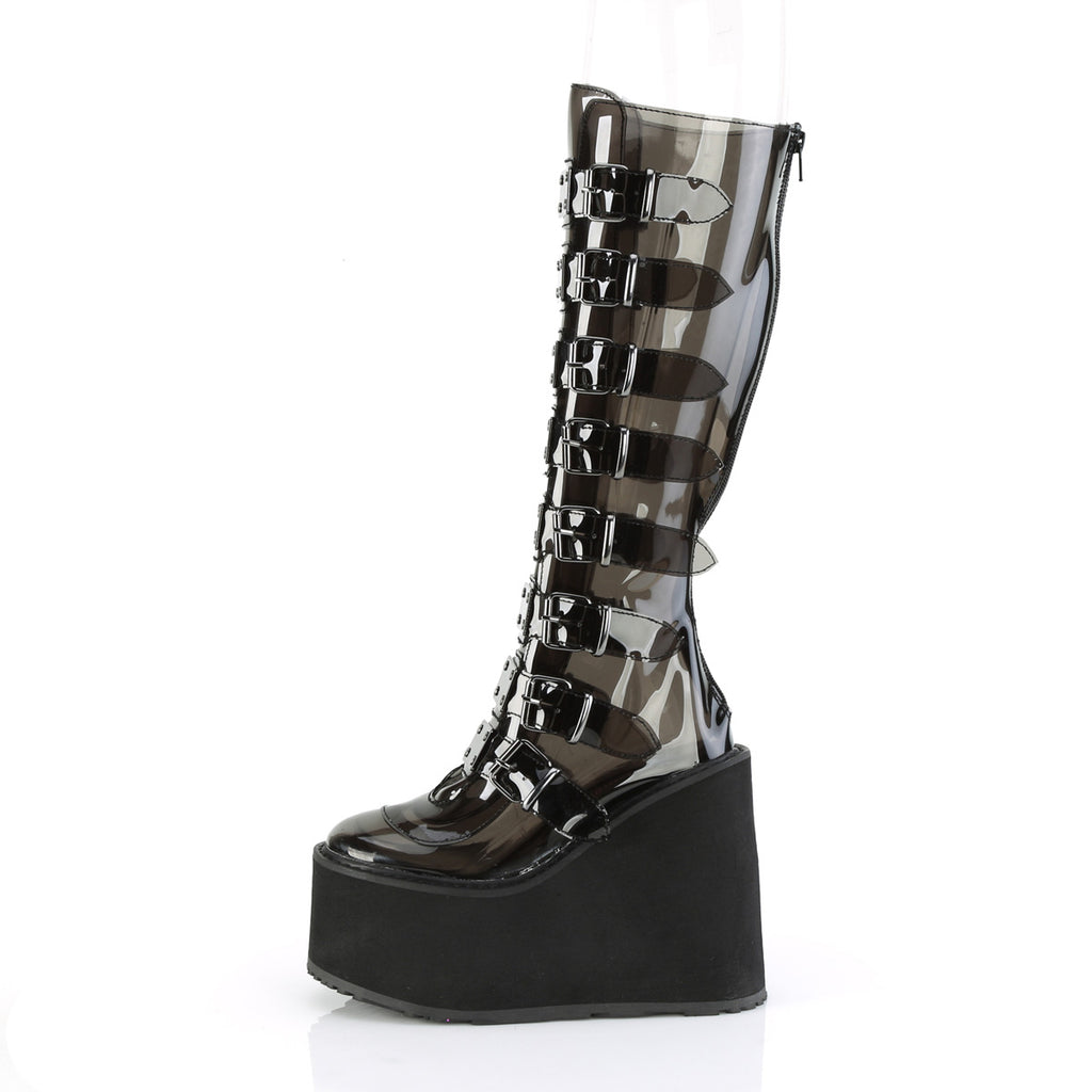 Swing 815C Clear Smoke Plated Straps Knee Boots - Demonia  DIRECT - Totally Wicked Footwear
