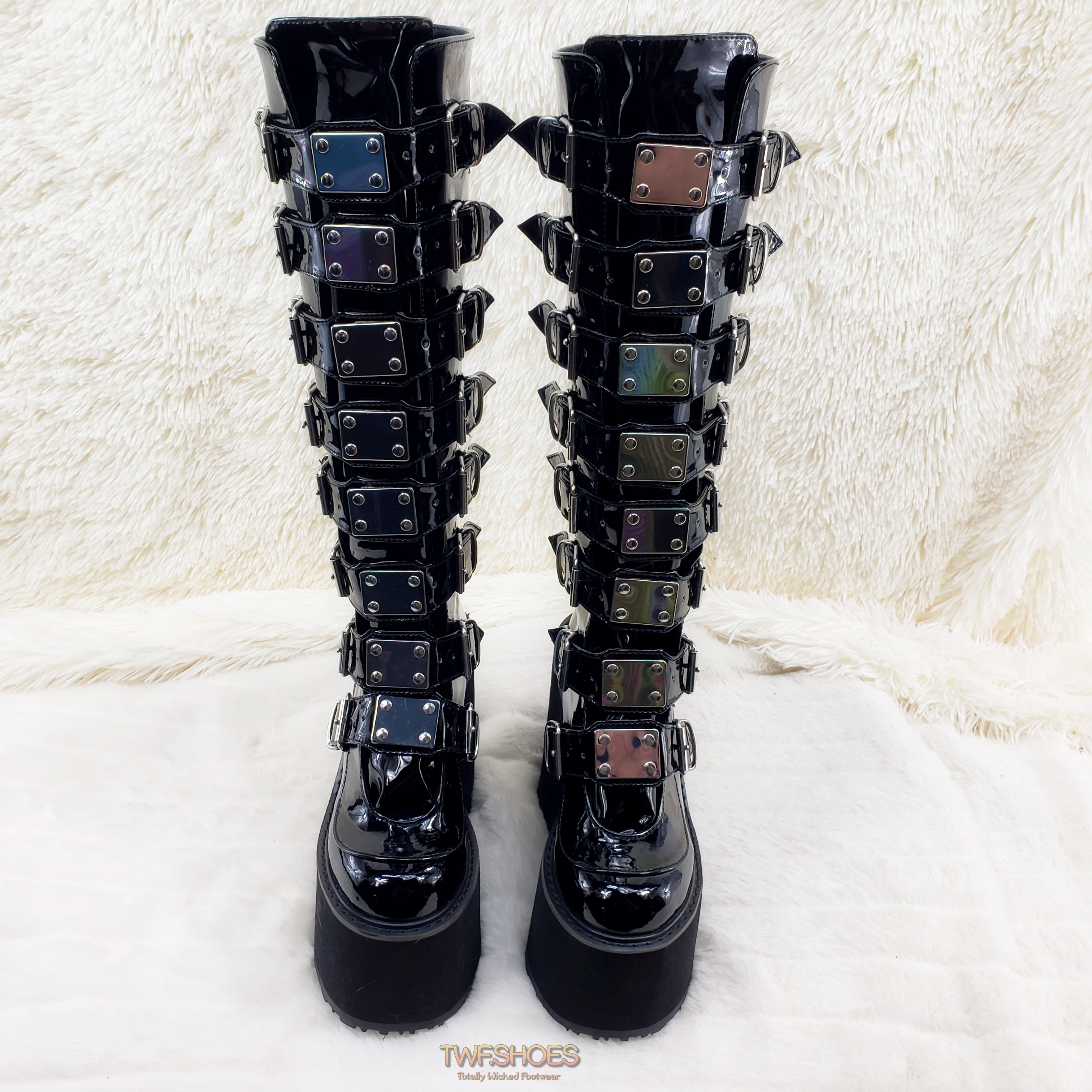 Demonia Swing 815 Black Patent Goth Punk Rave Knee Boot 5.5" Platform US Size NY - Totally Wicked Footwear