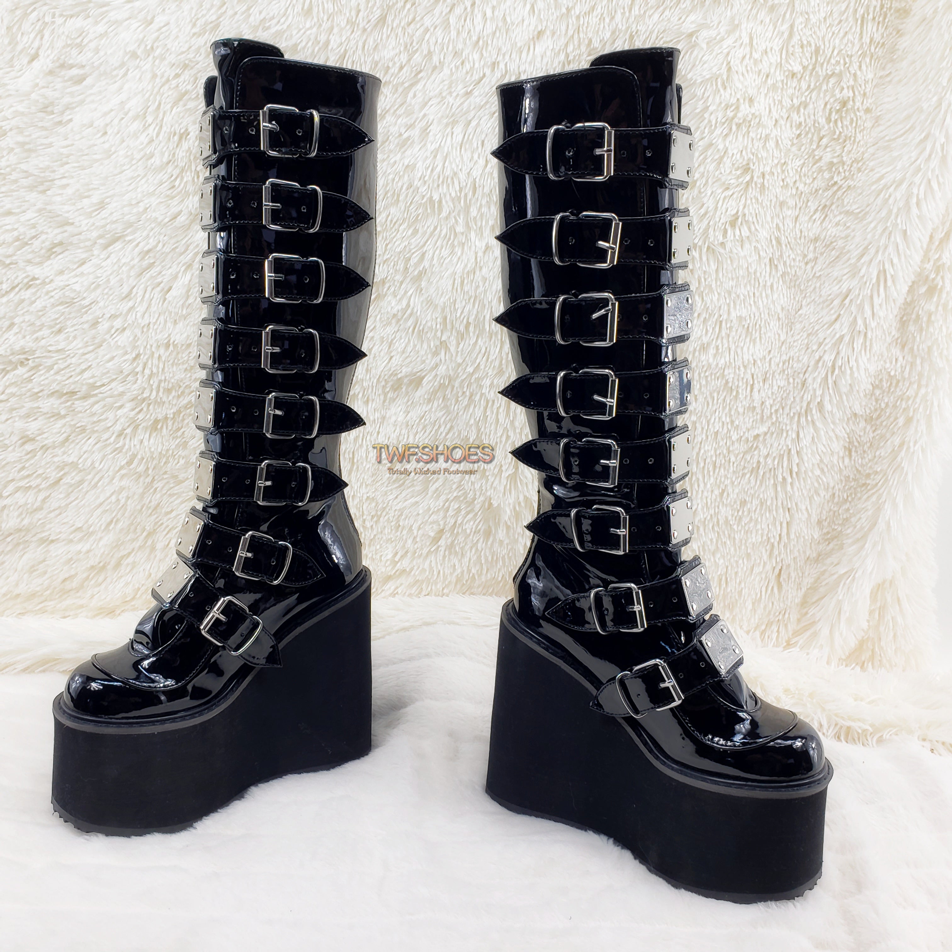 Demonia Swing 815 Black Patent Goth Punk Rave Knee Boot 5.5" Platform US Size NY - Totally Wicked Footwear