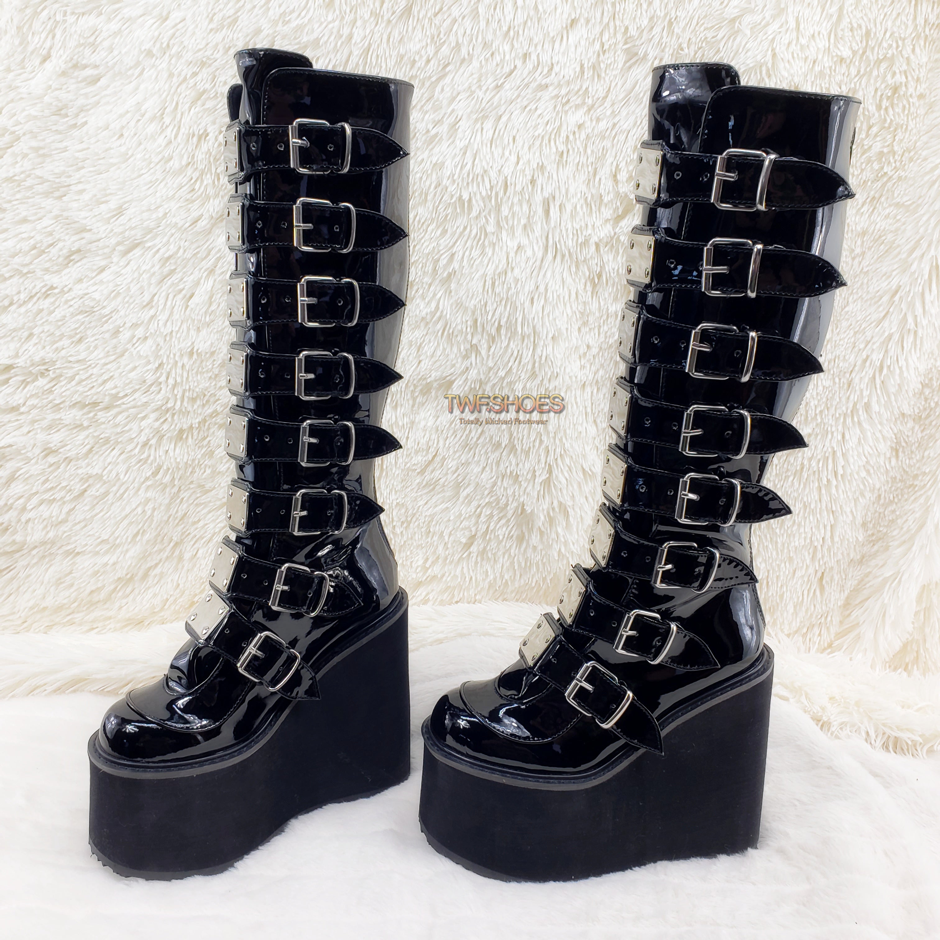 Demonia Swing 815 Black Patent Goth Punk Rave Knee Boot 5.5" Platform US Size NY - Totally Wicked Footwear