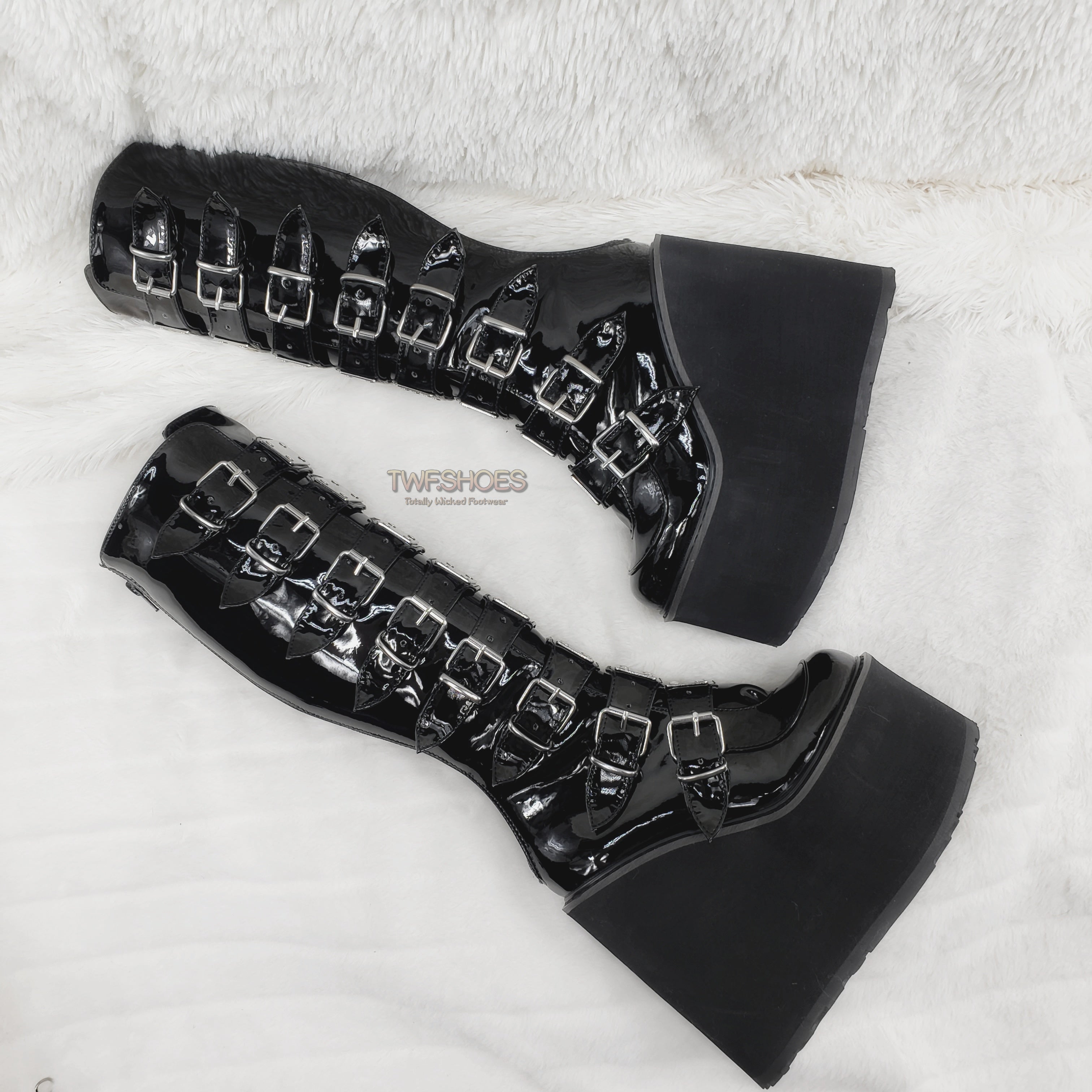 Demonia Swing 815 Black Patent Goth Punk Rave Knee Boot 5.5" Platform US Size NY - Totally Wicked Footwear