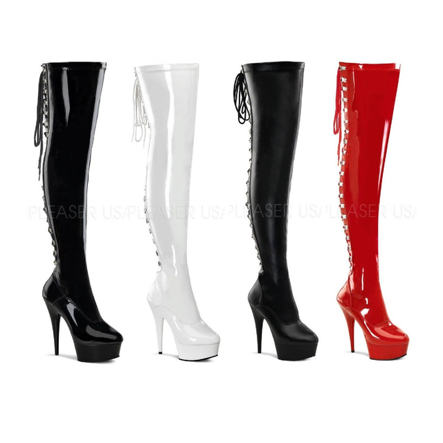 Delight 3063 Back Lace Thigh High Platform Boots 6" Heel Red Black White 6-14 - Totally Wicked Footwear