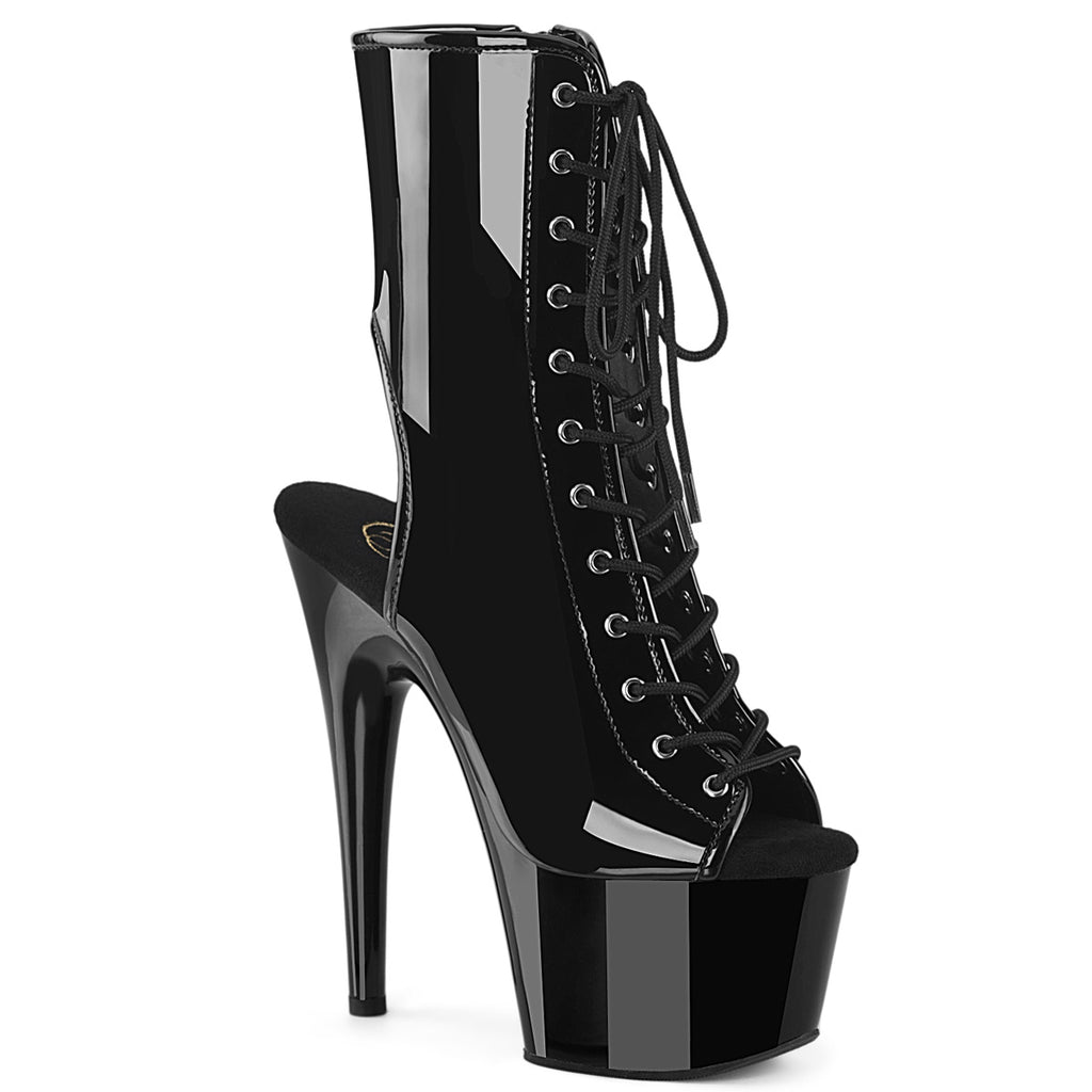 Adore 1016 Black Patent Open Toe Lace Up Ankle Boot 7" Heel- Black- Pleaser Direct - Totally Wicked Footwear