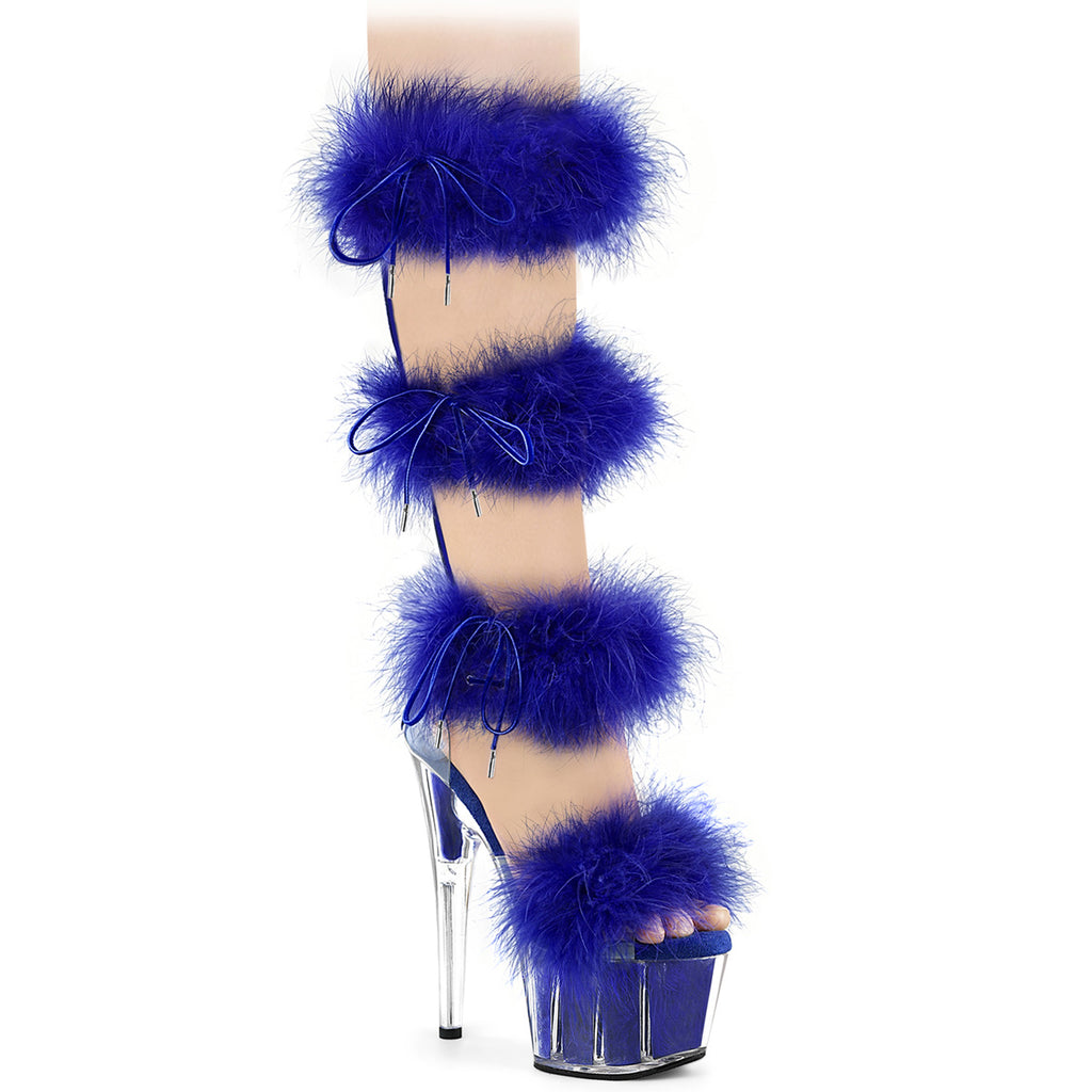 Adore 728F Blue 7" High Heel Marabou Feather Knee High Sandals - Totally Wicked Footwear