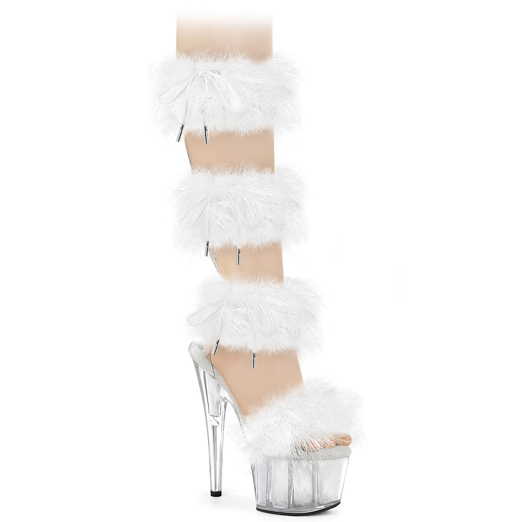 Adore 728F White 7" High Heel Marabou Feather Knee High Sandals - Totally Wicked Footwear