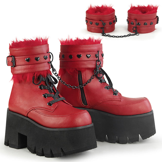 Ashes 57 Furry Cuff 3.5" Chunky Heel Goth Punk Ankle Boots Red - Demonia Direct - Totally Wicked Footwear