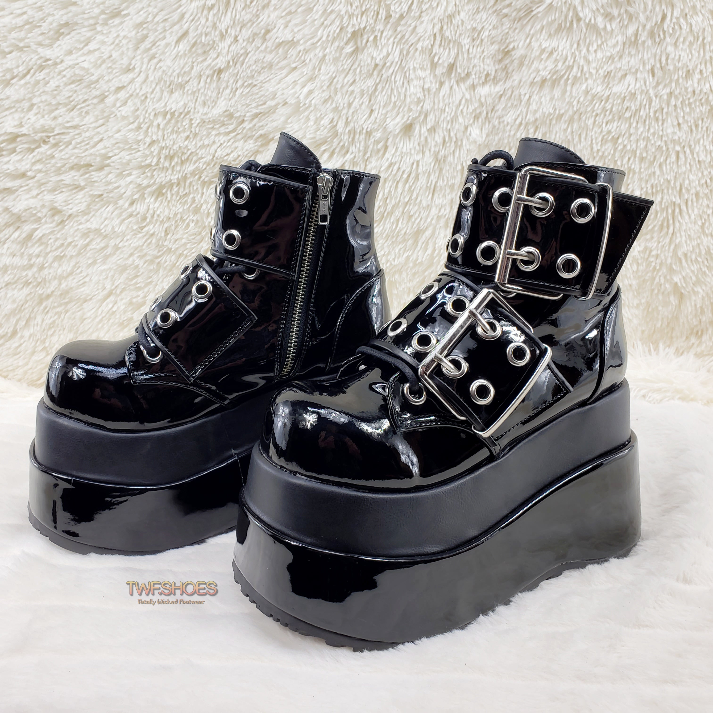 Bear 104 Black Patent 4.5" Goth Punk Rock Platform Lace Up Ankle Boot Restocked - Totally Wicked Footwear