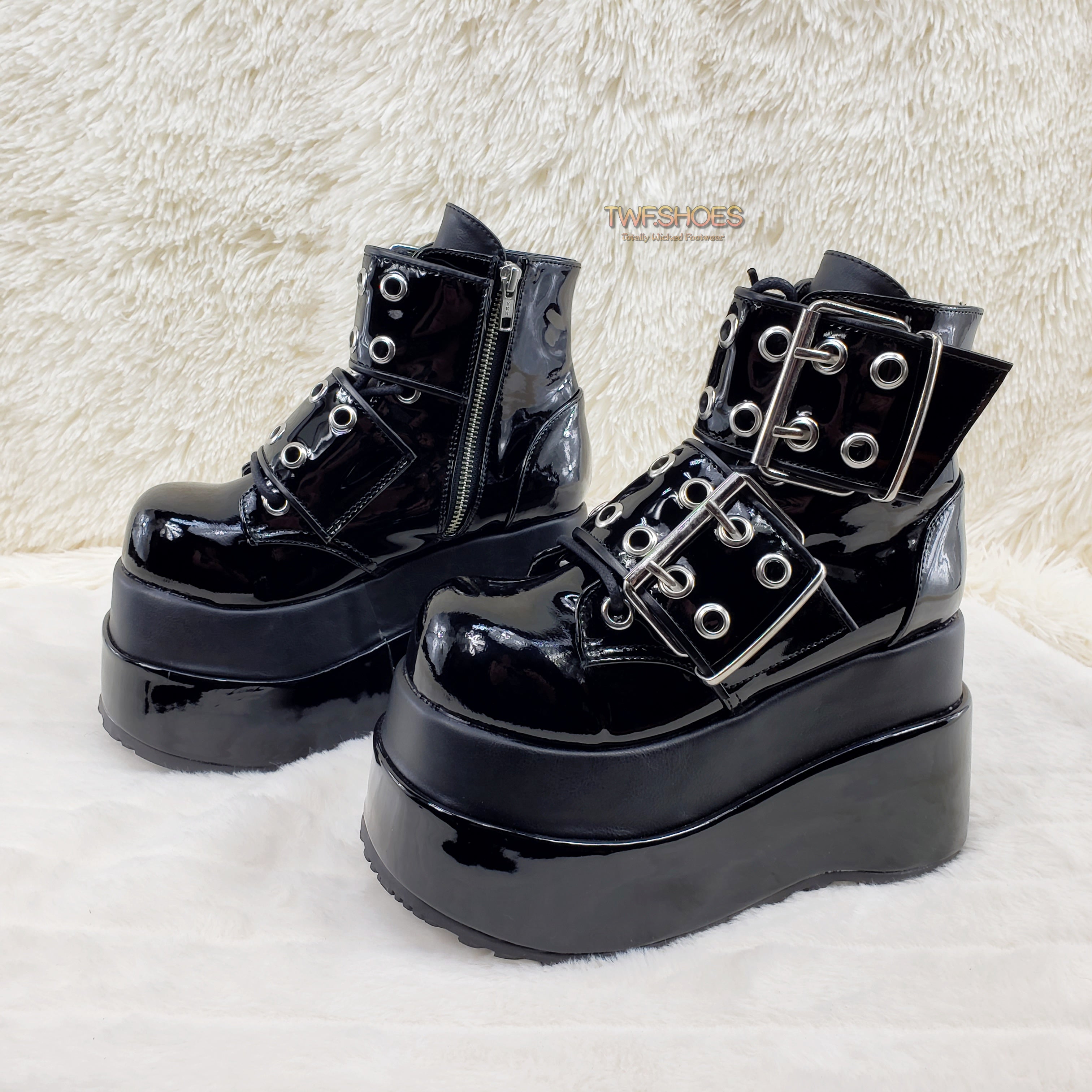 Bear 104 Black Patent 4.5" Goth Punk Rock Platform Lace Up Ankle Boot Restocked - Totally Wicked Footwear