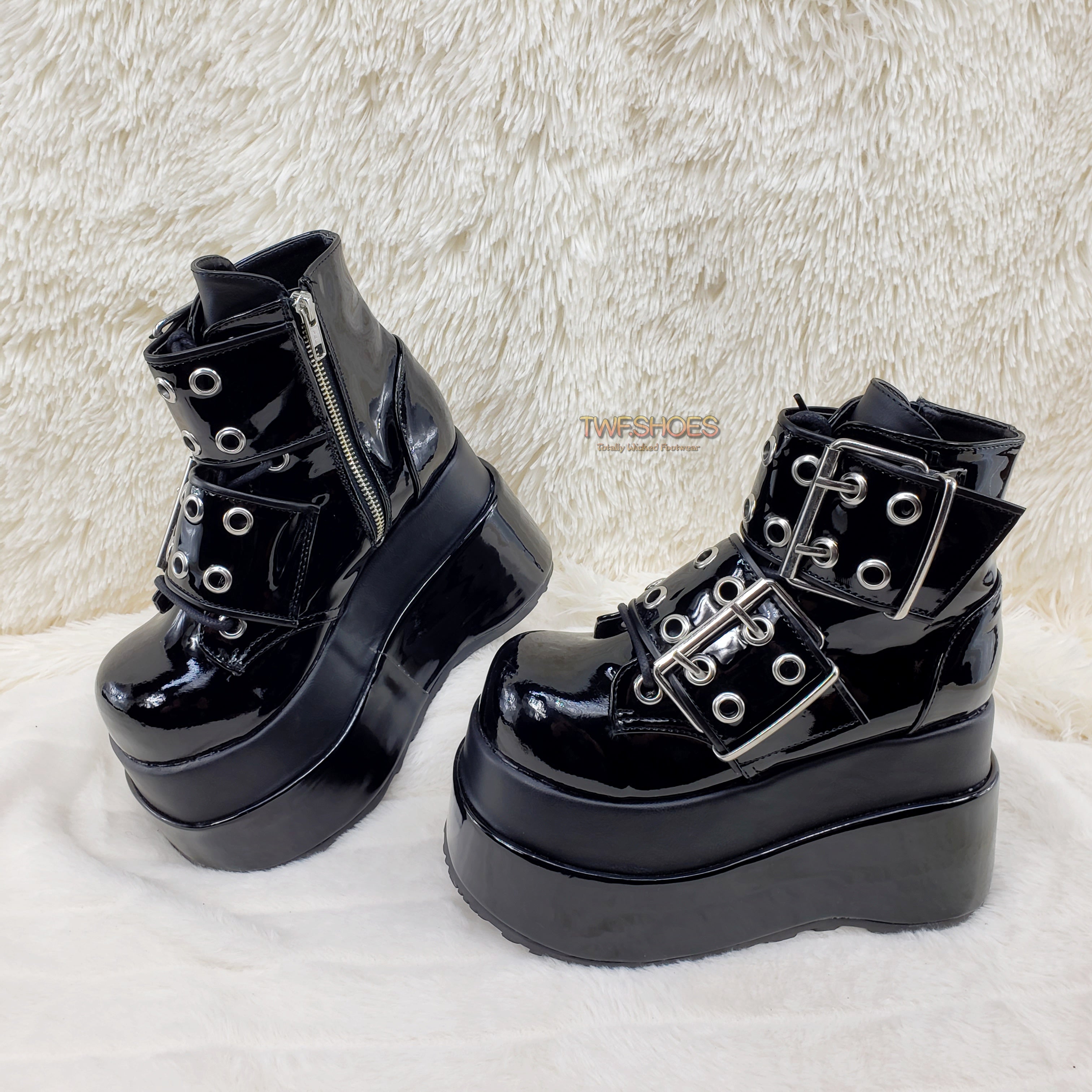 Bear 104 Black Patent 4.5" Goth Punk Rock Platform Lace Up Ankle Boot Restocked - Totally Wicked Footwear