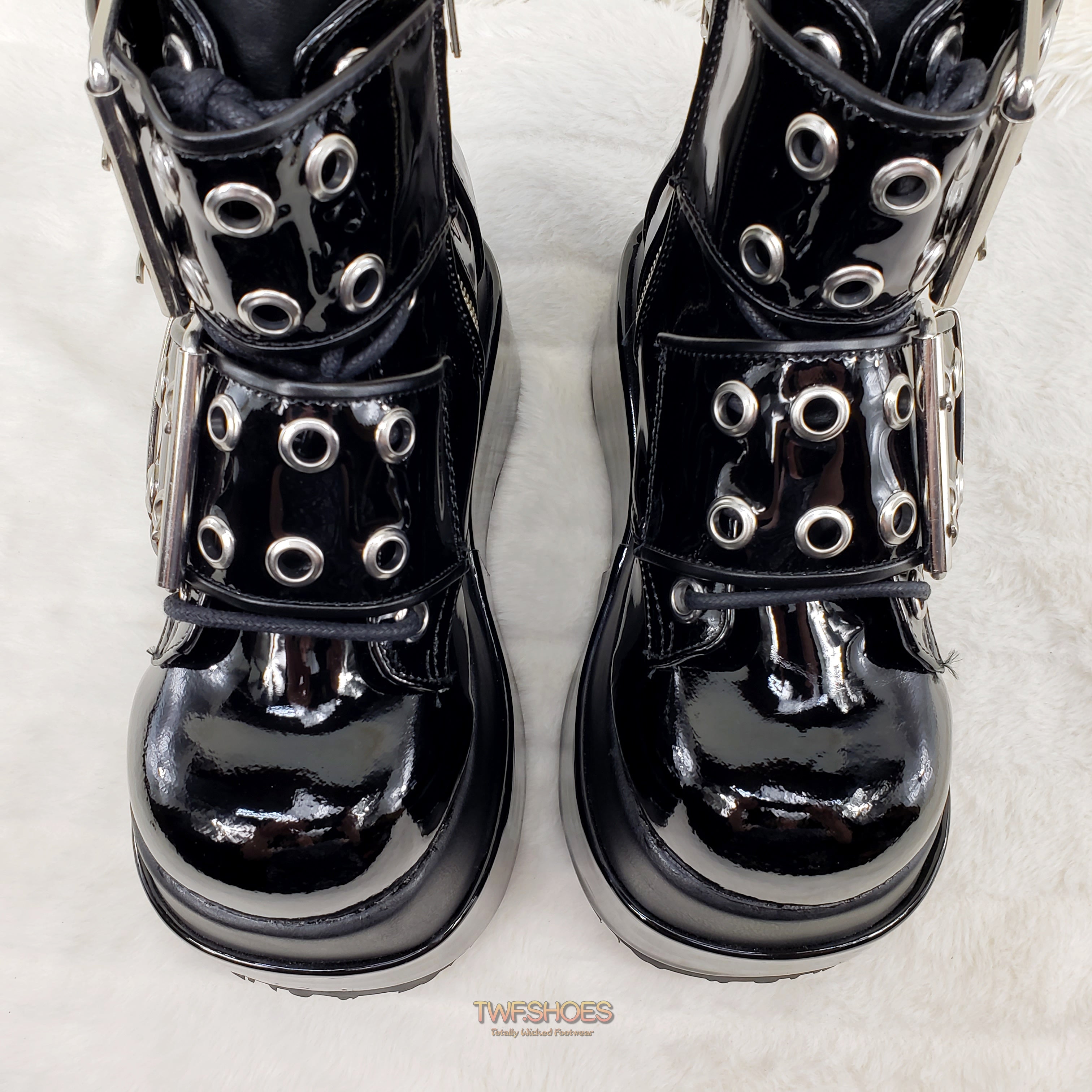 Bear 104 Black Patent 4.5" Goth Punk Rock Platform Lace Up Ankle Boot Restocked - Totally Wicked Footwear