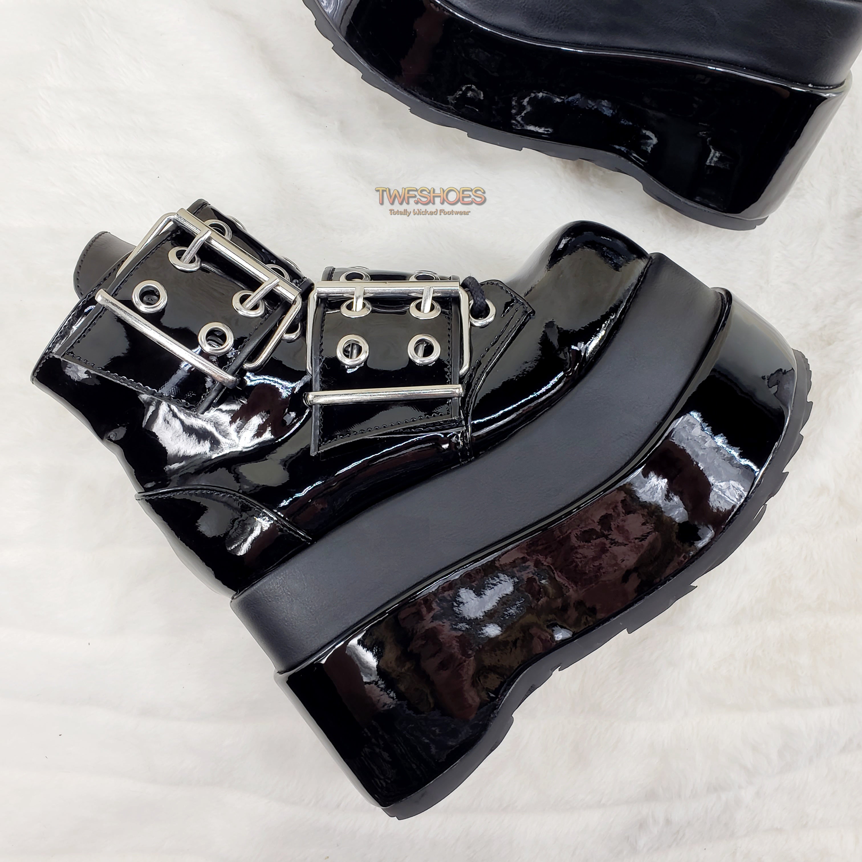 Bear 104 Black Patent 4.5" Goth Punk Rock Platform Lace Up Ankle Boot Restocked - Totally Wicked Footwear