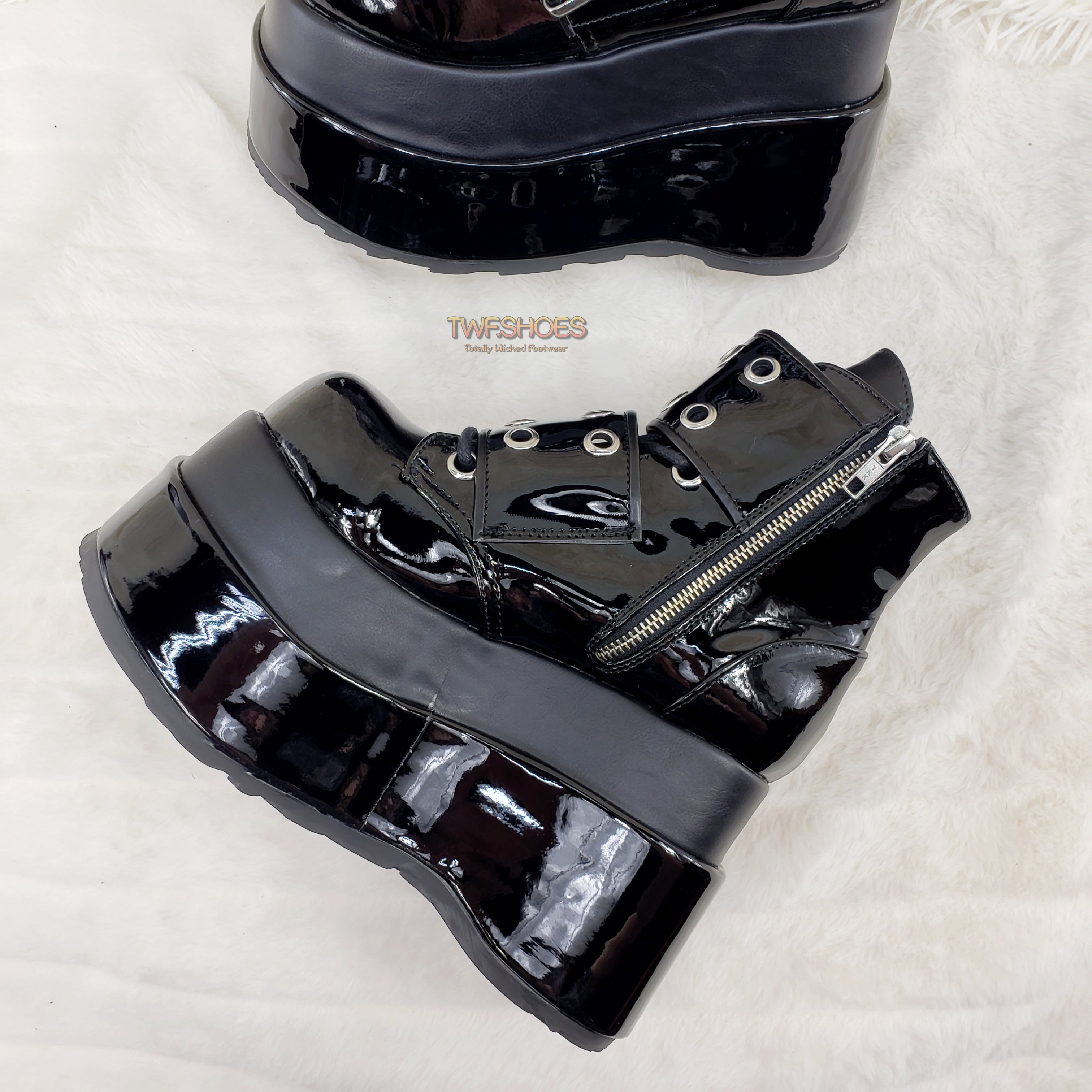 Bear 104 Black Patent 4.5" Goth Punk Rock Platform Lace Up Ankle Boot Restocked - Totally Wicked Footwear